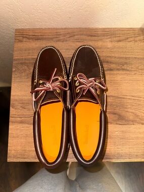 Clarks Brown Leather Boat Shoes with Orange Insoles and Pinkish Laces